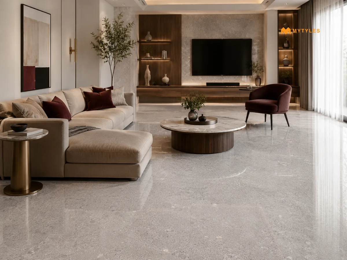 Large-Format Grey Granite-Look Tiles for the Living Room